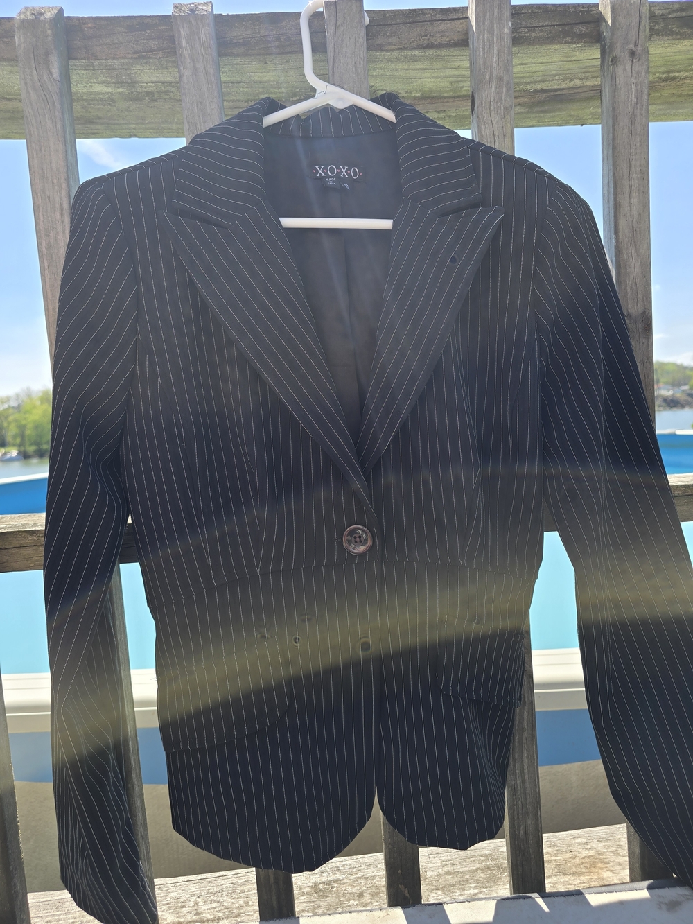 XOXO Women's Black Pinstripe Blazer
